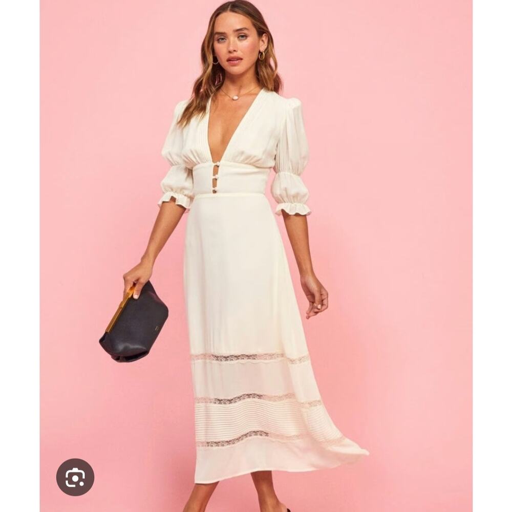 Reformation Quarry Mini Dress Women's 8 Ivory Sheer Sleeves Deep V-Neck NWT - Picture 2 of 9